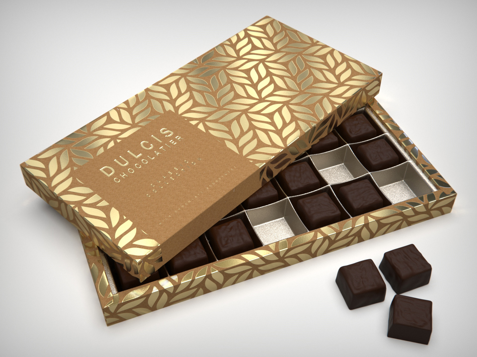 Dulcis chocolatier — gold-foil paperboard box with embossed leaf pattern